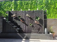 Cascade de granit noir avec poisson en pierre monté sur mur de cascade pour jardin intérieur ou extérieur