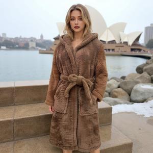 Custom Logo <strong>Hooded</strong> Home Fluffy Robe Luxury Plush Fleece Teddy <strong>Lady</strong> <strong>Dressing</strong> <strong>Gown</strong> Robe Winter Warm Long <strong>Dressing</strong> <strong>Gown</strong> for Women - Product Image 3