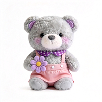 En gros Ours en peluche gris avec robe, Ours en peluche avec fleur violette, Ours en peluche mignon