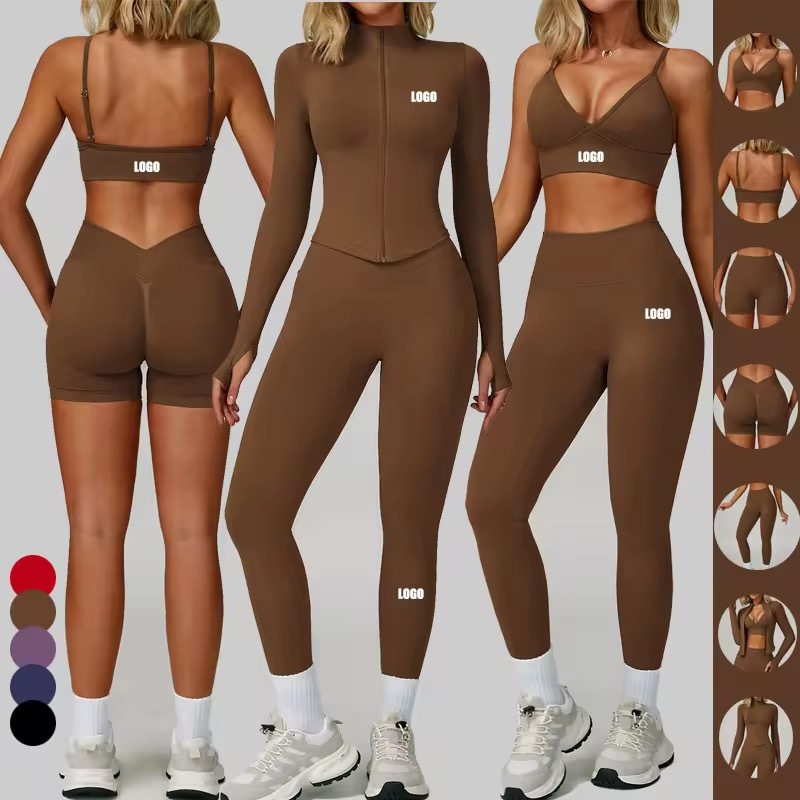 Wholesale Sportswear Active Wear Jacket Plus Size Seamless Gym Clothes Workout Yoga Leggings and Bra Sets for Womens Clothing