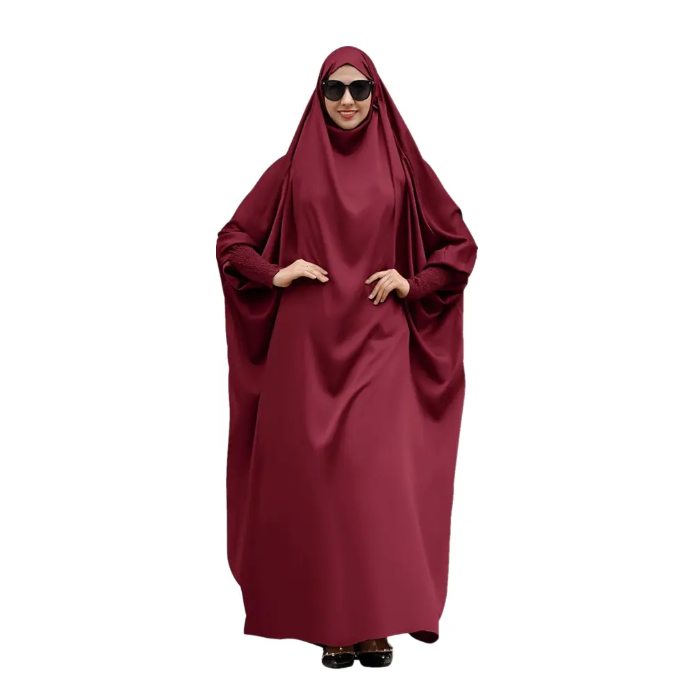 Gaun panjang Kaftan wanita, baju doa Islam dengan kerudung, Maxi Kaftan jubah sederhana lengan panjang satu potong