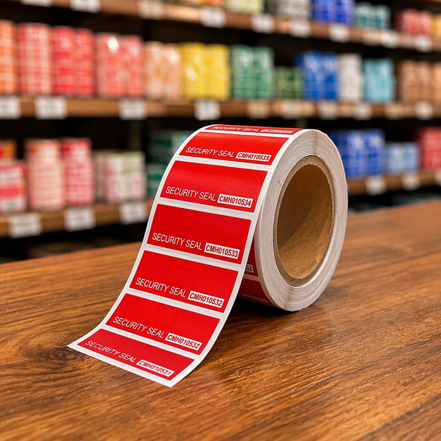 Custom Security Seal Label Red and White Text Art Paper Glossy Printing Roll and Core Size for Bag, Pack and Post at Bulk Prices