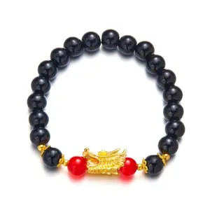 Ensemble de bracelets en perles dorées Bracelet Lucky Dragon Year pour homme Bracelet chinois en perles avec tête de dragon