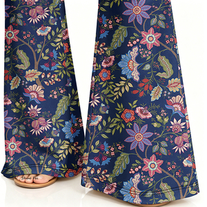 Pantalones <span class=keywords><strong>de</strong></span> yoga acampanados <span class=keywords><strong>de</strong></span> cintura alta para mujer al por mayor, leggings retro con estampado floral francés, pantalón botánico barroco azul marino - Product Image 4