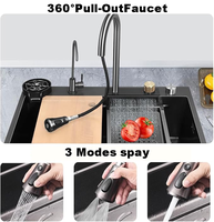 Éviers de cuisine à cascade à cuvette unique en acier inoxydable multifonctionnels à haute pression intelligents noirs modernes de luxe avec lave-gobelet