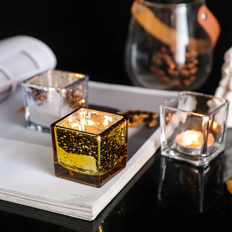 Gold silver square plated glass candle cup 5.5*5.5CM glass canlde cup for home holiday dinner decor