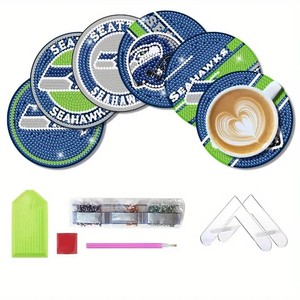 Ensemble de 6 dessous-de-verre à peindre au diamant avec support, DIY Football, Kit de <span class=keywords><strong>peinture</strong></span> au diamant par points, Artisanat - Product Image 1