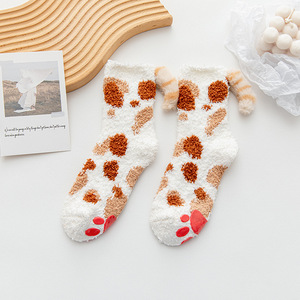 Chaussettes en tricot respirantes pour femmes, motif patte de <span class=keywords><strong>chat</strong></span> mignon, avec bordure en polaire corail, confortables et douillettes, type chaussettes pantoufles, vente en gros - Product Image 5