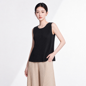 Camiseta sin mangas de punto para mujer, talla grande, transpirable, con cuello redondo, plisada, de color liso, estilo minimalista, largo regular - Product Image 1