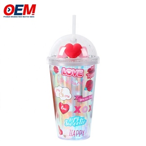 Taza de doble pared de PP personalizada con pajita OEM 450mL taza de plástico hecha de alta calidad taza de agua de oso lindo - Product Image 6