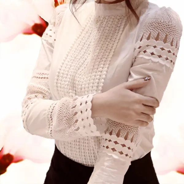 undefinedBreathable Slim-fit Cotton Hook Flower Casual Elegant Long-sleeved White Bottoming Blouses Hollow Lace Shirt blusas