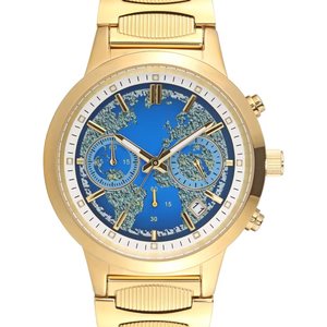 <span class=keywords><strong>Montre</strong></span> chronographe pour <span class=keywords><strong>homme</strong></span> entièrement plaquée or avec cadran bleu carte du monde, <span class=keywords><strong>bracelet</strong></span> en <span class=keywords><strong>acier</strong></span> inoxydable poli, 3 sous-cadrans, affichage de la date - Product Image 1