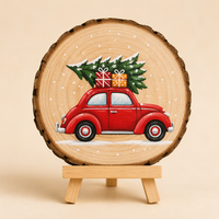Plaque ronde en bois à peindre, thème voiture rouge rétro de Noël, fourniture d'artisanat DIY pour décoration festive de bureau ou murale