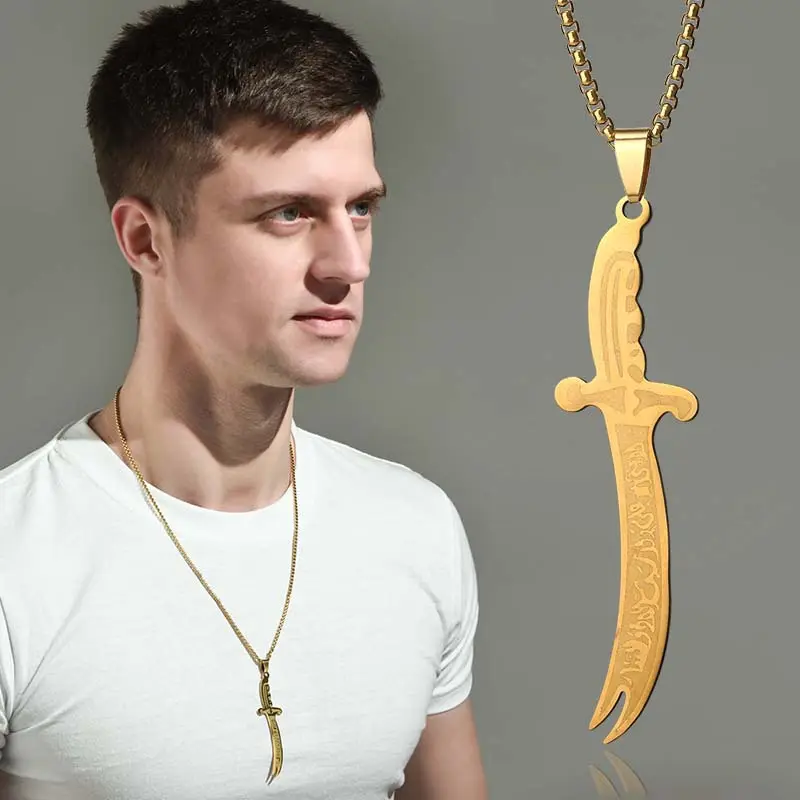 Nieuwe Grote Vintage Allah Hanger Scimitar Titanium Roestvrij Staal Islamitische Sieraden Zwaard Charm Ketting Voor Mannen