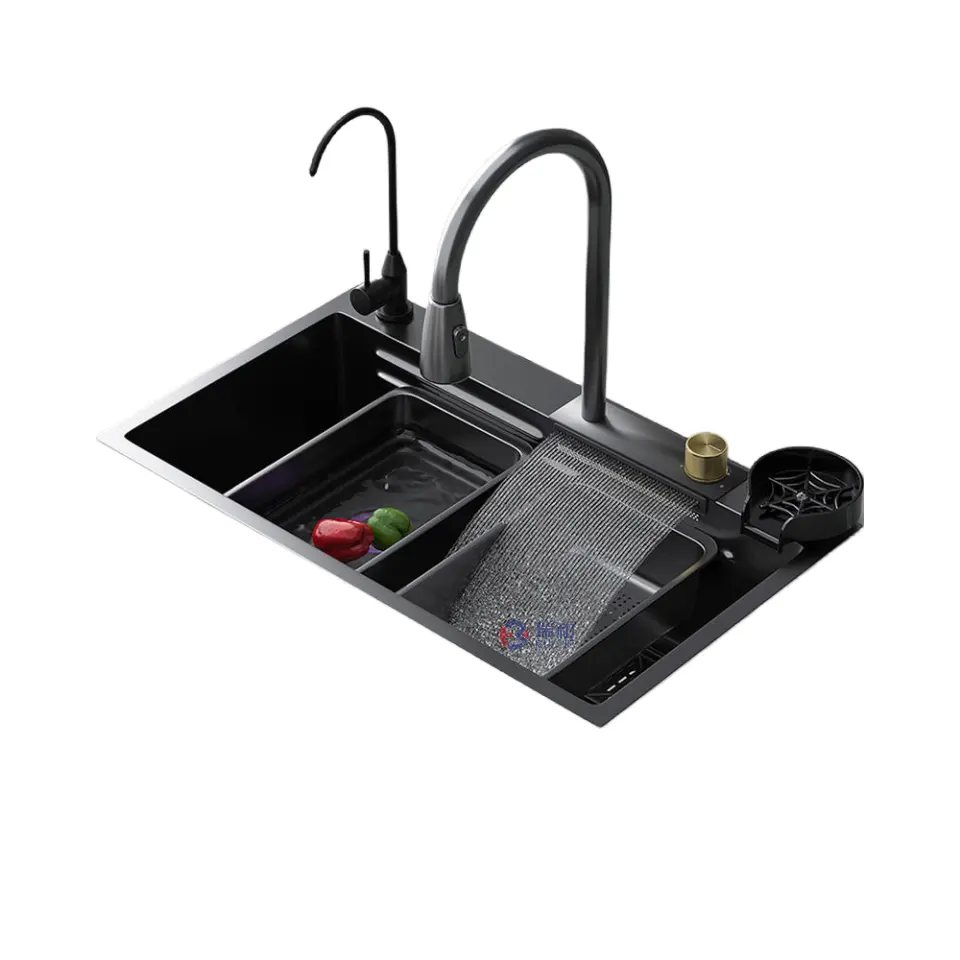Fregadero de cocina de cascada de acero inoxidable moderno Nano negro, fregadero de cocina inteligente de acero inoxidable, fregadero de cocina de acero inoxidable