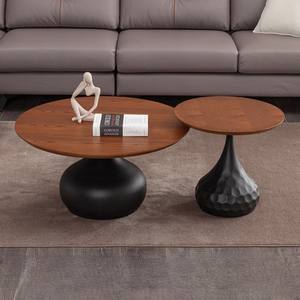 Mesa de Centro Redonda de Madera Maciza con Hierro Negro de Estilo Clásico Moderno, Mesa Auxiliar de Lujo para Sala de Estar con Diseño Simple de Viga de Roca - Product Image 2