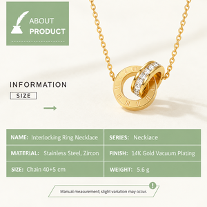 Collier à anneaux entrelacés en acier inoxydable plaqué or 14 carats, pendentif circulaire en zircon, chaîne réglable - Product Image 2