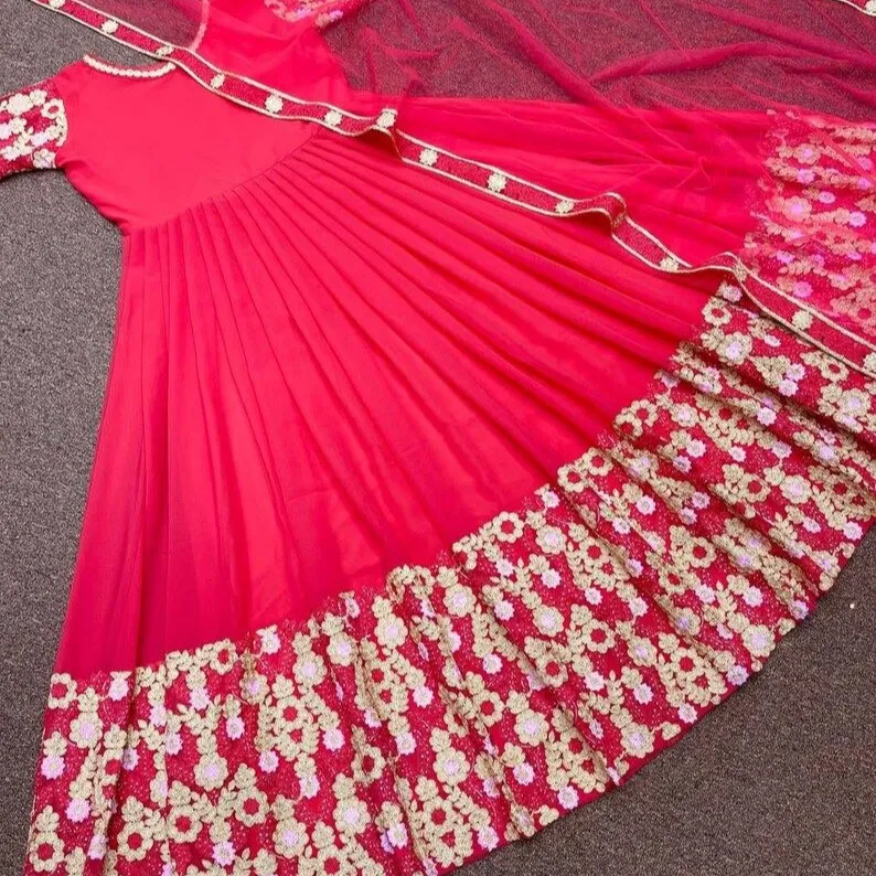 Vestido vermelho partywear anarkali, vestido com georgette bordado lantejoulas vestido de trabalho com dupatta indiano vestidos de casamento