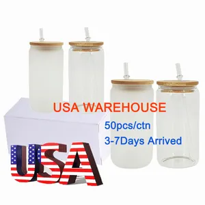 Mazoho USA Warehouse 12/16/25oz Glass tumbler Clear Frosted Sublimation Glass can with bamboo lid and straw