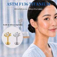 Anting-anting tusuk tulang rawan titanium ASTM-F136 dengan potongan mata ikan CZ, bagian belakang datar, warna emas dan perak, grosir perhiasan tindik.