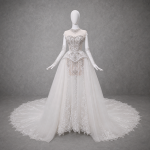 Vestido de Novia de Lujo Estilo Sirena con Cuello Alto, Ilusión de Cristal, Corsé con Cuentas, Encaje y Tul, Cola Catedral, Venta al por Mayor - Product Image 1
