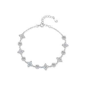Pulsera de Plata S925 con Diamantes, Corte Brillante Redondo, Diseño Floral, Engaste de Garra, Cadena Clásica, Joyería para Uso Diario de Mujer - Product Image 1