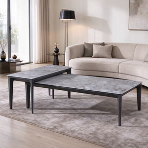 Juego de mesas de centro nido rectangulares con tablero de mármol gris y patas cónicas negras para sala de estar, villa, apartamento, hotel, salón - Product Image 3