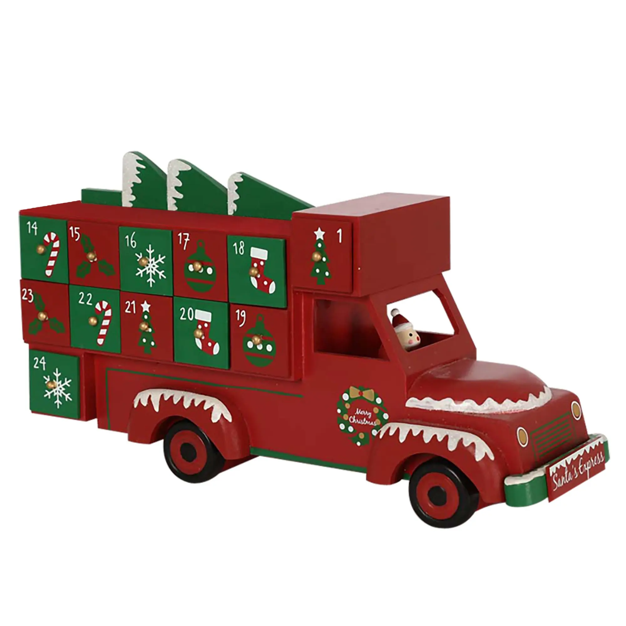 子供のおもちゃのための24の引出しが付いている木製の出現のカレンダーのピックアップトラックは家のためのクリスマスのカウントダウンの装飾を均等にします