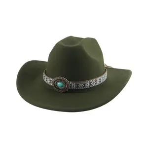 欧美朋克风格珠宝腰带大檐西部牛仔帽9.5厘米卷檐双毡牛仔帽