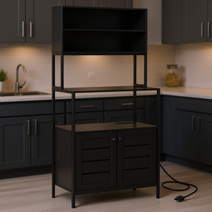 Black Baker's Rack With Power Outlet 3 <b>Shelves</b> Microwave Stand Cabinet <b>Kitchen</b> Storage Freestanding Contemporary Design - Product Image 2