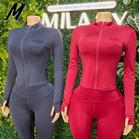 Vêtements de sport pour femmes, veste zippée intégrale, pantalon de yoga évasé, ensemble d'entraînement deux pièces avec trous pour les pouces, vêtements de sport personnalisables avec logo
