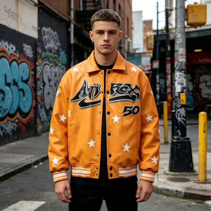 Custom <strong>Men's</strong> Orange Leather Varsity <strong>Jacket</strong> Letter Embroidery College Baseball Coat Hip Hop Streetwear <strong>Biker</strong> Bomber <strong>Jacket</strong> - Product Image 3