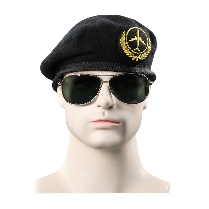 Black Beret Hat Wool Officer Uniform Beret With Metal Badge