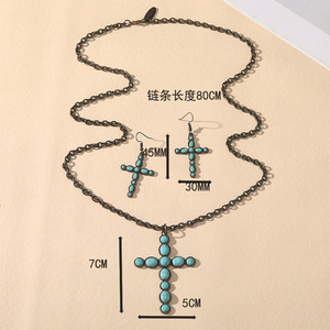 Cross Turquoise Pendant Necklace Set Zinc Alloy Bezel Setting Long <b>Tassel</b> <b>Earrings</b> Fashion Jewelry Geometric Design - Product Image 2