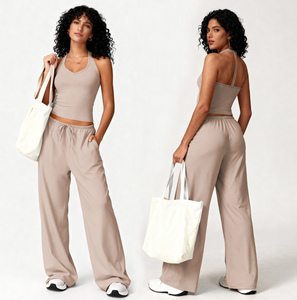 Ensemble de yoga doux et moelleux pour <span class=keywords><strong>femme</strong></span>, soutien-gorge de <span class=keywords><strong>sport</strong></span> dos nu à col halter et pantalon large, tenue athleisure 2 pièces à séchage rapide - Product Image 6