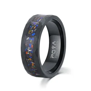 POYA personalizzato nero martellato anello Meteorite tungsteno Galaxy opale intarsio fede nuziale di lusso per gli uomini