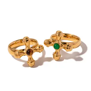 Retro 18K PVD Gold Plated Crossed Green Agate Tiger Eye Jewelry Natural Stone Cross Rings for Women