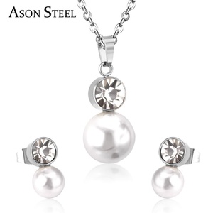 High Quality <b>Pearl</b> Zircon Bridal Stainless Steel Stud <b>Earrings</b> <b>Necklace</b> Women Jewelry <b>Set</b> - Product Image 4