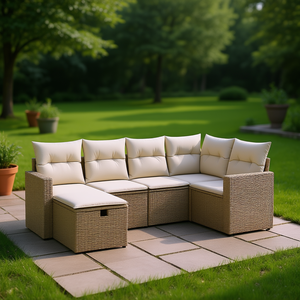 Conjunto de Sofás Modulares de Jardín en Poliratán Beige, Muebles de Exterior Cómodos con Cojines de Espuma de Alta Densidad, Diseño Moderno - Product Image 2