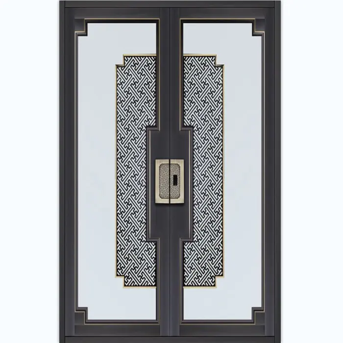 Puerta de entrada doble de estilo europeo de lujo, diseño moderno, acabado de aluminio, Panel de latón, impermeable, exterior frontal de Casa de acero
