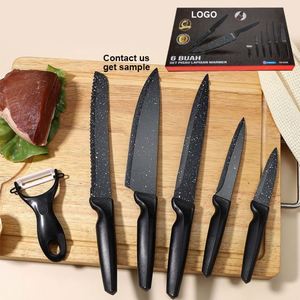 Juego de Cuchillos de Cocina de Acero Inoxidable con Logotipo Personalizado, Revestimiento Negro de PP, Diseño de Mango Antideslizante, Cuchillos para Pelar, Cortar Carne, Frutas y Verduras - Product Image 1