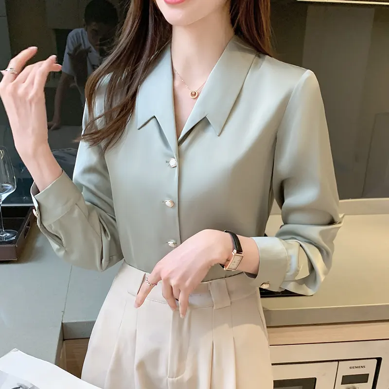 Korean Fashion Simple Office Lady Business Casual Retro Button Up Shirt Elegant Loose Long Sleeve Solid Blouse Top Women Blusas