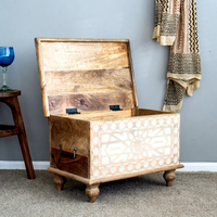 Boîte à couvertures en bois de manguier artisanale, coffre de rangement sculpté à la main, meuble rustique bohème, table basse, table d'appoint, décoration intérieure