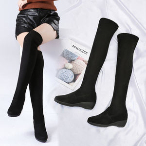 Bottes hautes d'hiver pour femmes avec talon compensé, doublure polaire fine, chaussettes élastiques intégrées, tige en daim chaud pour l'automne et l'hiver - Product Image 4