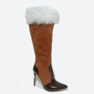 Botas Largas de Mujer con Tacón Alto, Forro de Peluche, Cremallera Lateral, Botas Peludas hasta la Rodilla, de Gamuza y Cuero con Parches, Zapatos de Invierno - Product Image 6
