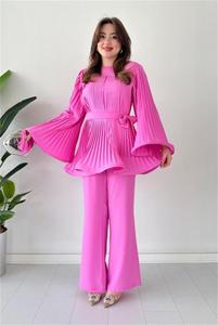 Neues Modisches Zweiteiler-Set mit Schnürung, Trompetenärmeln, Plissierter Weiter Bluse und Weiten Hosen für Bürodamen, Lässiger Lockerer Damenanzug - Product Image 6