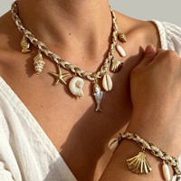Ensemble collier et bracelet multi-breloques en acier inoxydable avec motifs poisson, étoile de mer et coquillage, bijoux tendance pour femme, idéal pour l'été et la plage