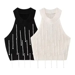 2023 женская одежда TAOP & ZA, оптовая продажа, весенне-летний белый черный короткий Топ без бретелек с искусственными бусинами, женские 7901313