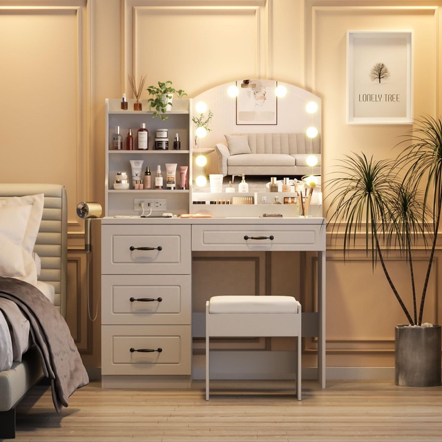 Hot Sale Modern Wood Dressing Table with Storage Standing Lighted Mirror Modular Design for Apartment Bedroom Use OEM/ODM