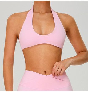 Women Deep U Halter Neck Sports Bra Solid Low Back Removable Padded Yoga Crop Top Low Impact Pilates Fitness Workout Bra OEM ODM - Product Image 1